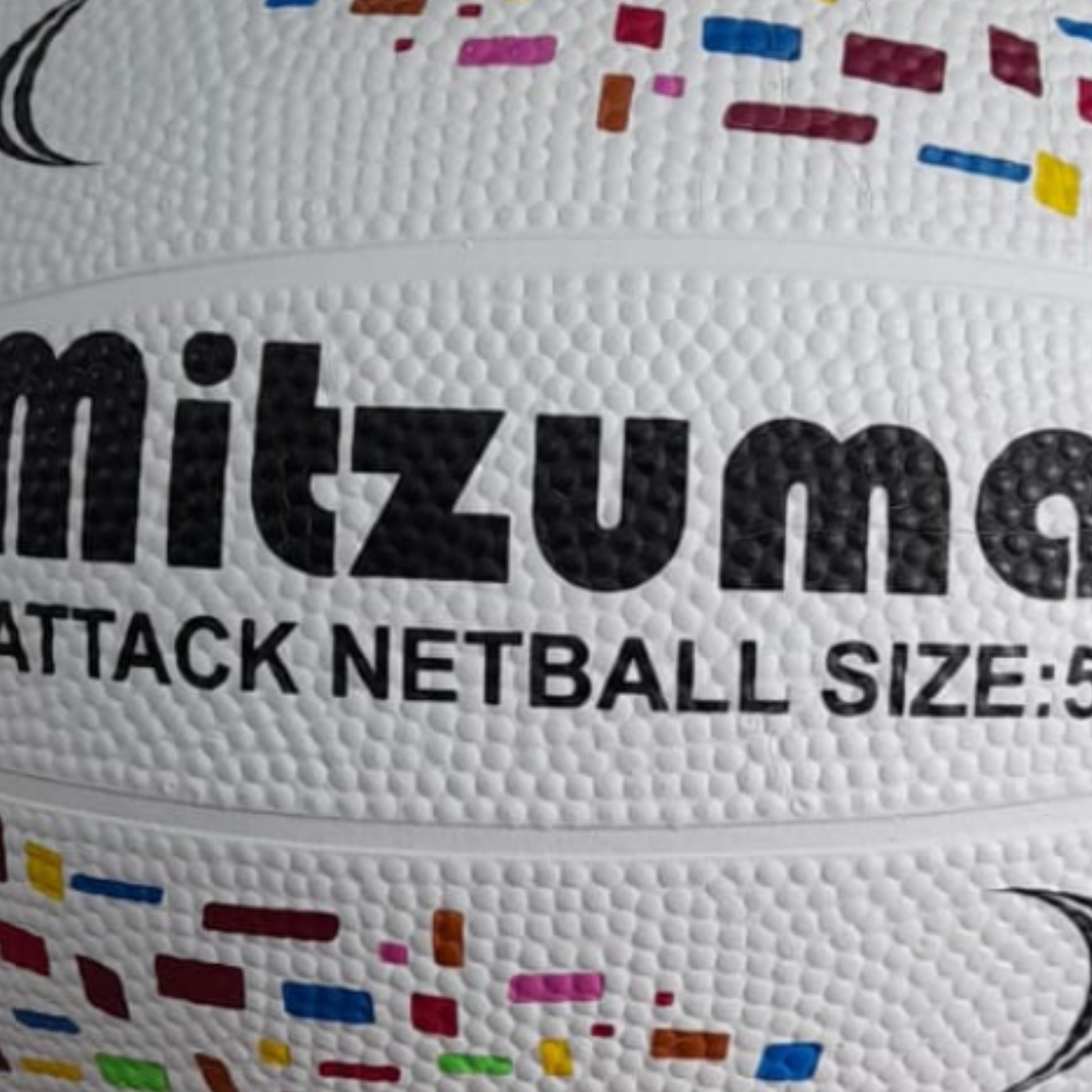 White netball with colorful patterns and 'Mitzuma' branding on a white background
