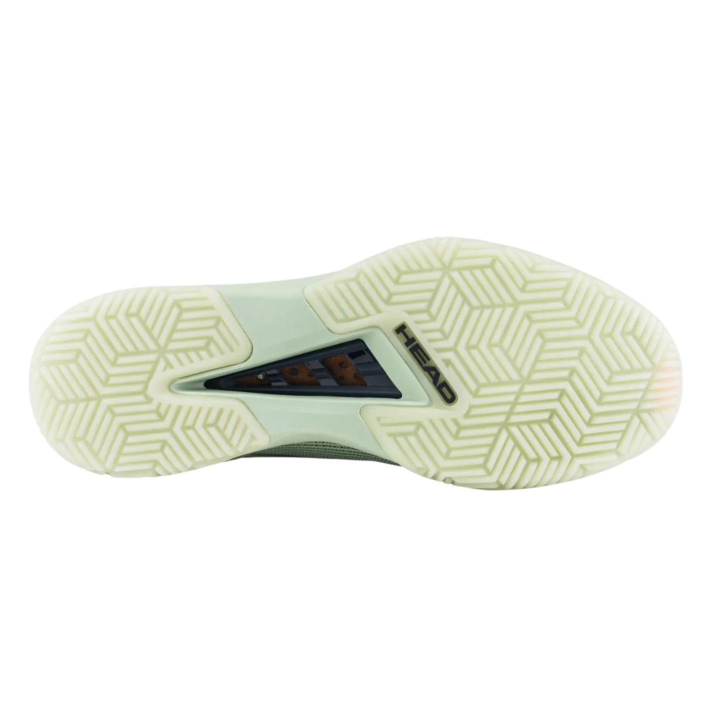 Close-up of a shoe sole with a brand logo on a white background