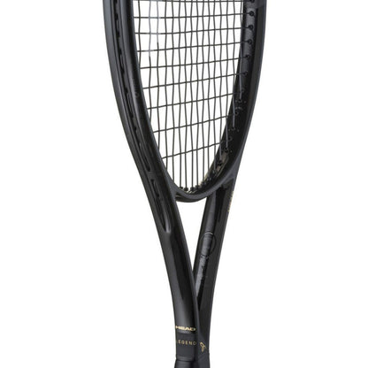 Close-up of a black Head tennis racket with head cover on a white background