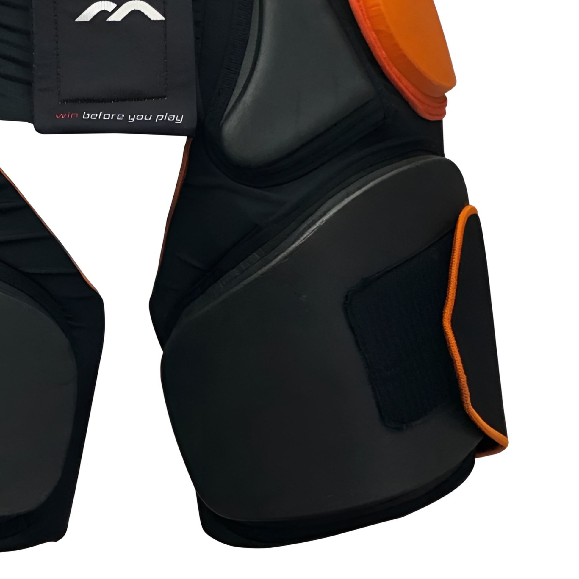 Black protective gear with orange accents on a white background