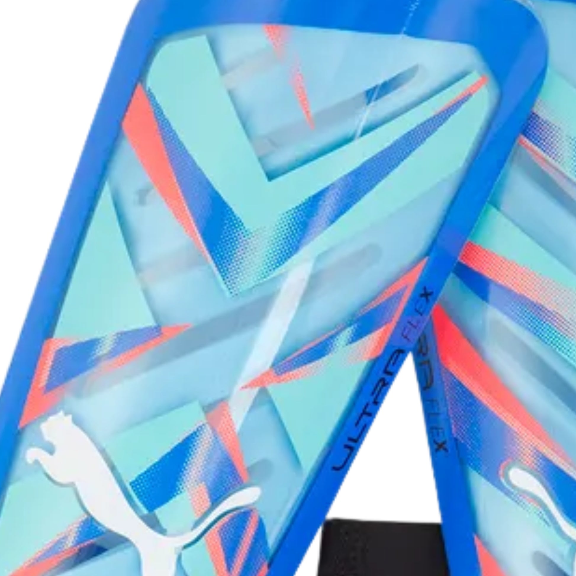 Blue and green shin guards with Puma logo on a white background