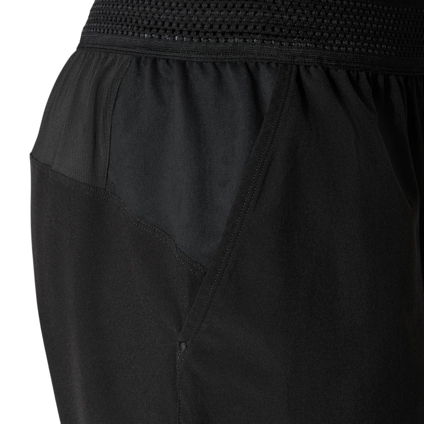 Close-up of black short with a textured waistband on a white background