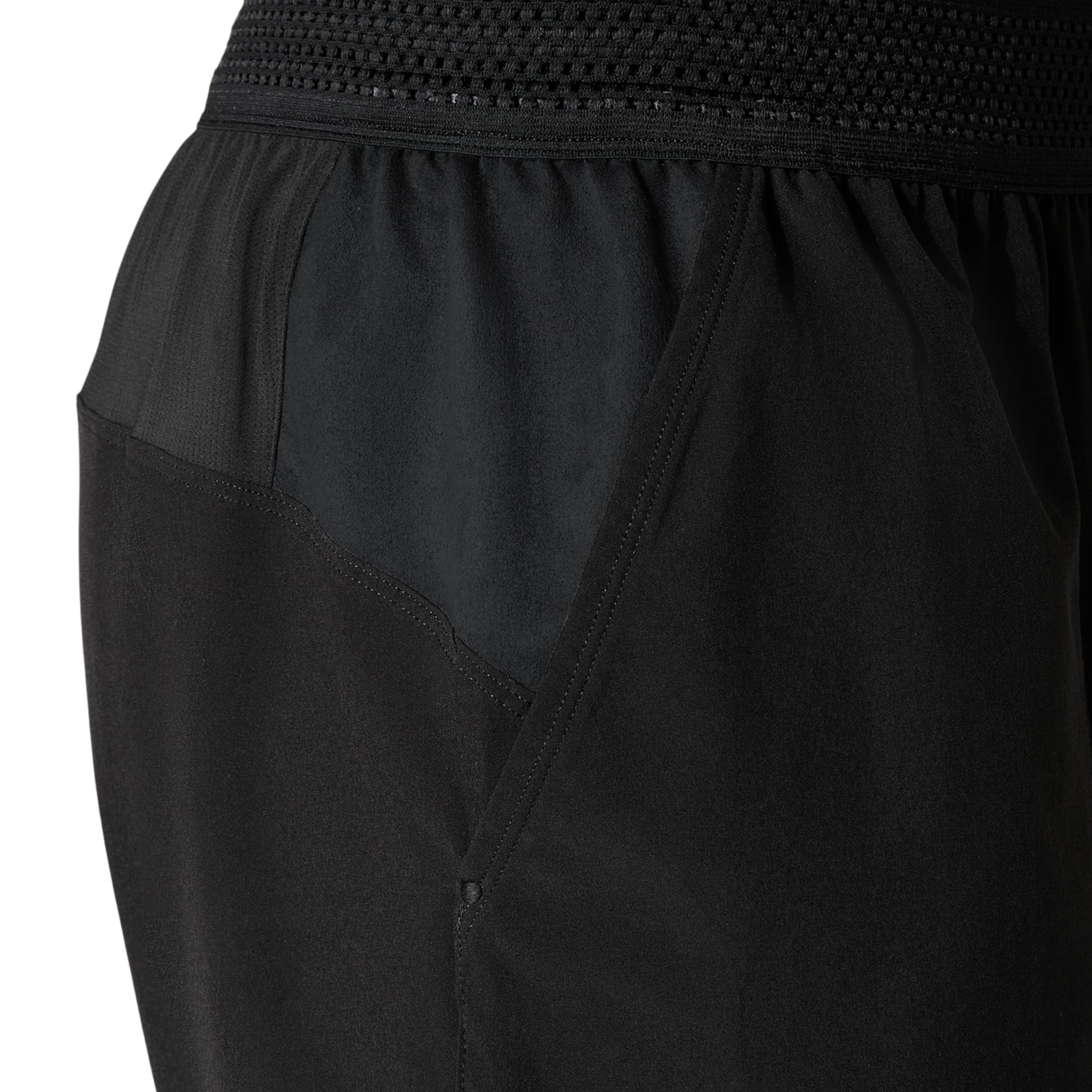 Close-up of black short with a textured waistband on a white background