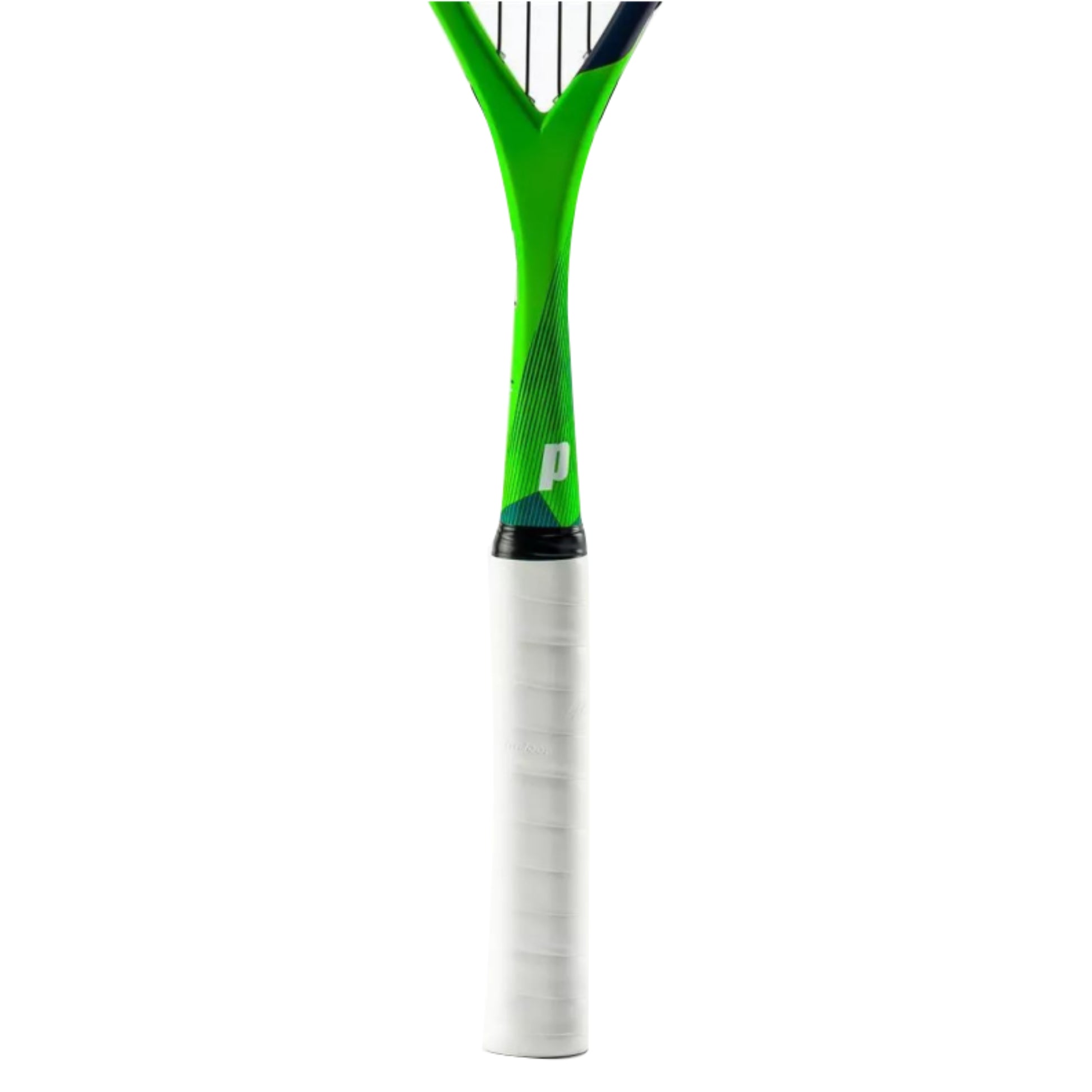 Prince squash racket with green and white design on a white background