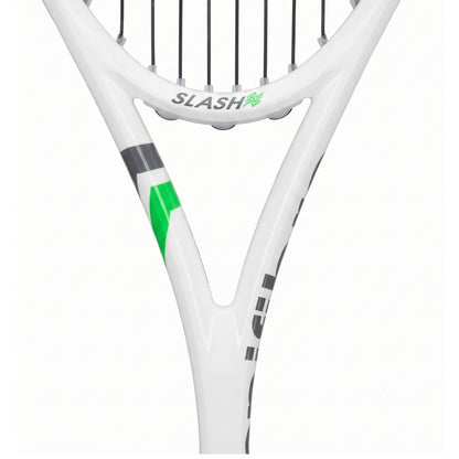 Close-up of a white Tecnifibre squash racket showing the throat, string bed, and part of the frame with green and gray logo accents on a white background.