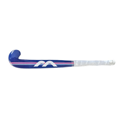 Blue mini hockey stick with a brand logo on a white background
