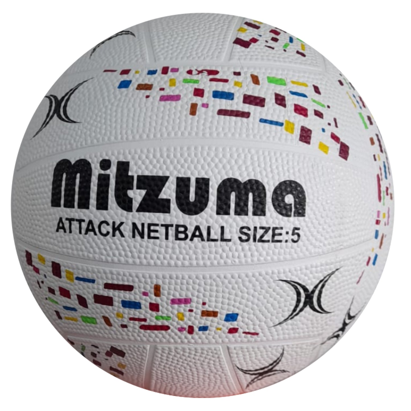 White netball with colorful patterns and 'Mitzuma' branding on a white background