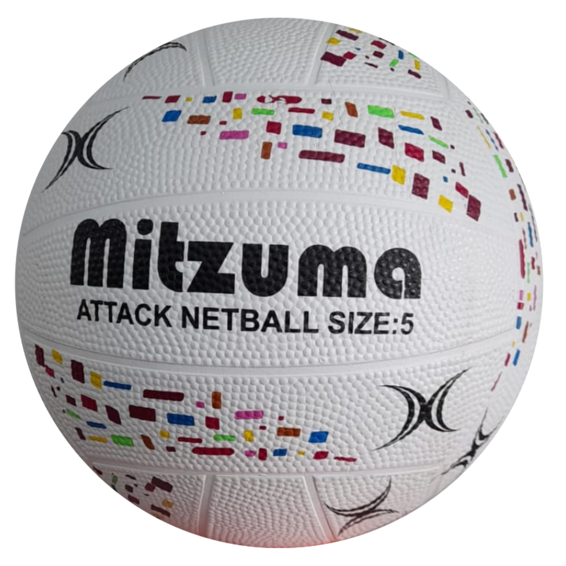 White netball with colorful patterns and 'Mitzuma' branding on a white background