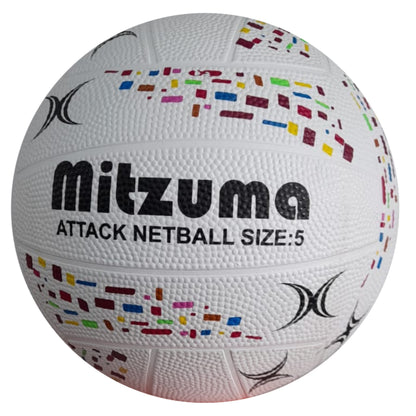 White netball with colorful patterns and 'Mitzuma' branding on a white background