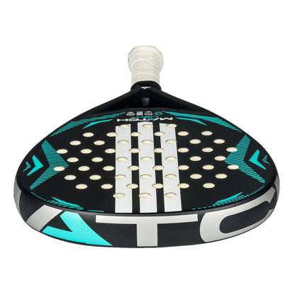 Padel racket with black, blue, and white design on a white background