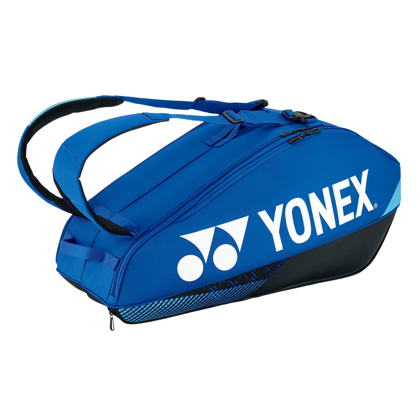 Blue Yonex tennis bag on a white background