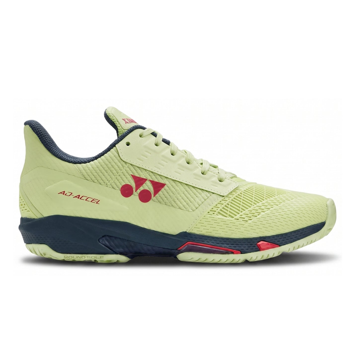 Yellow Yonex shoe with red and black accents on a white background