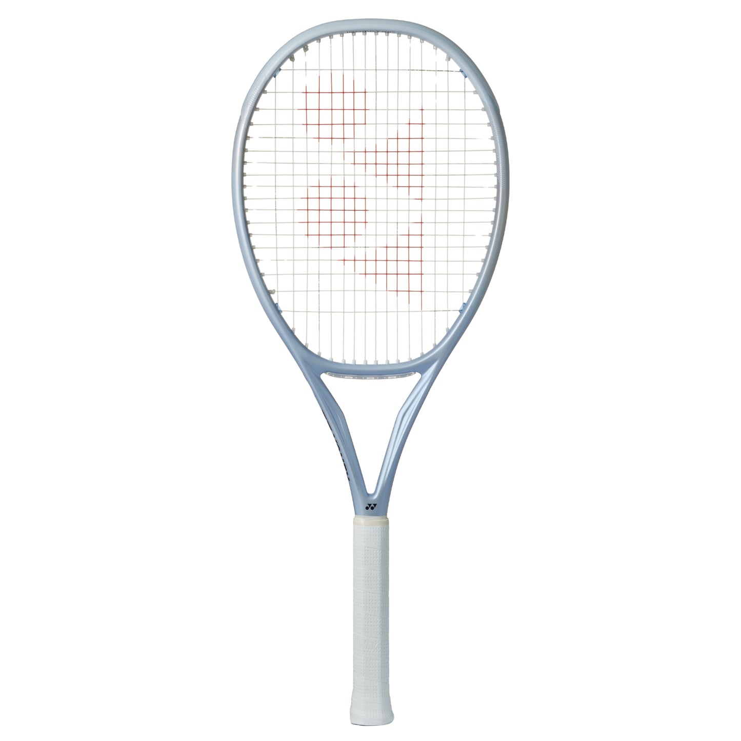 Silver Yonex tennis racket with a white handle on a white background