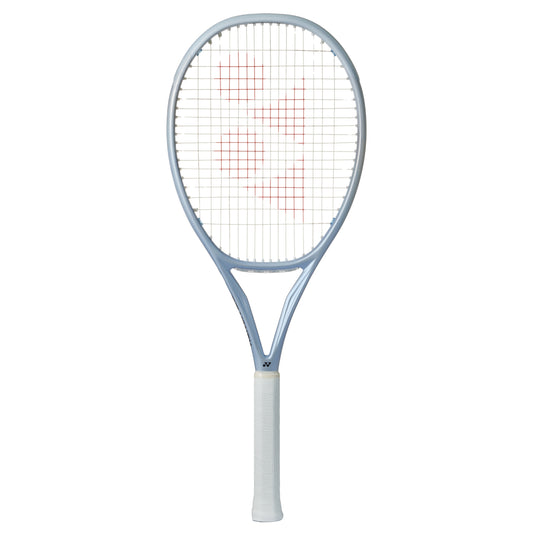 Silver Yonex tennis racket with a white handle on a white background