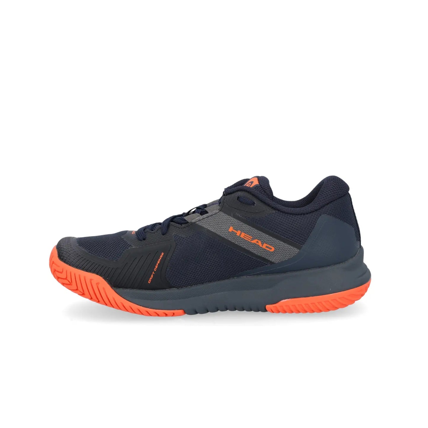 Navy blue with orange accents Head padel shoe with branding Head on a white background