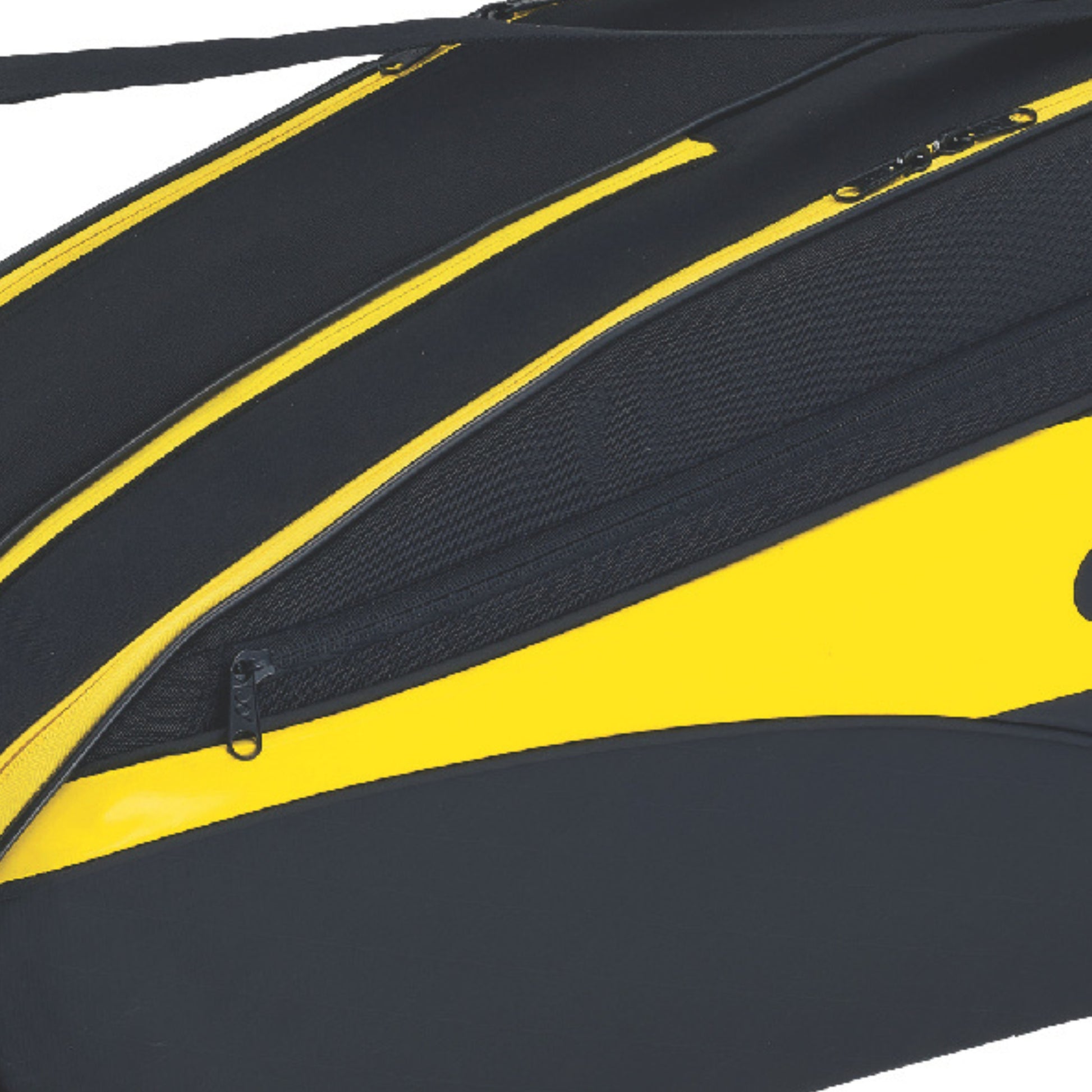 Close-up of a Black and yellow tennis bag with a visible brand logo on a white background