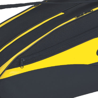 Close-up of a Black and yellow tennis bag with a visible brand logo on a white background