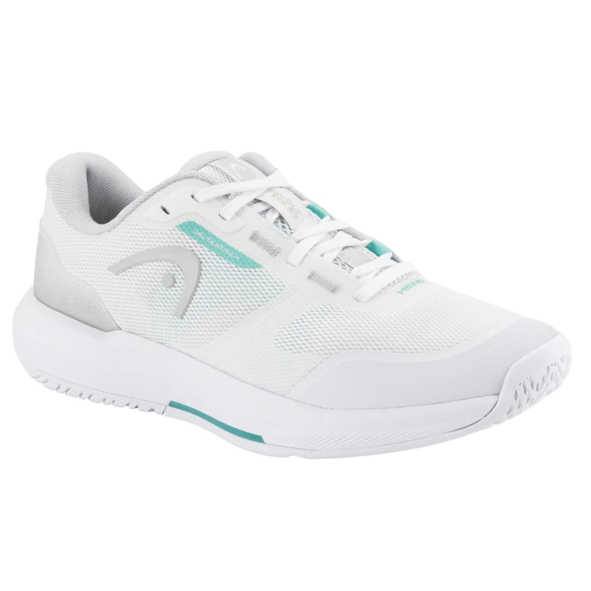 White Head tennis shoe with teal accents on a white background