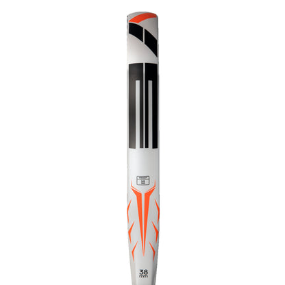Padel racket with white, black, and orange design on a white background