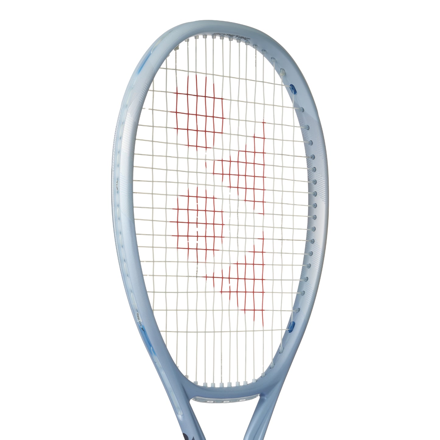 Silver Yonex tennis racket with red string pattern on a white background