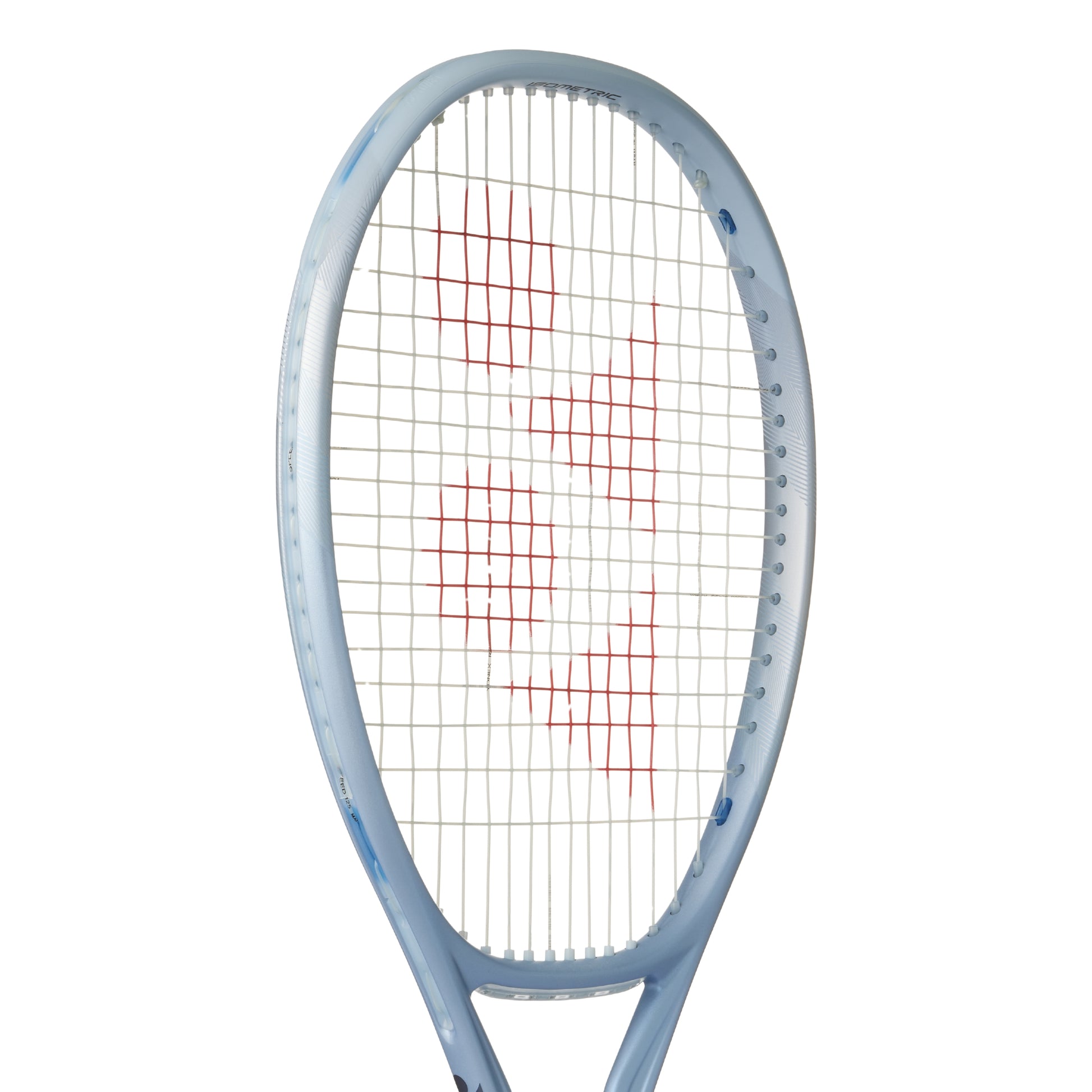 Silver Yonex tennis racket with red string pattern on a white background