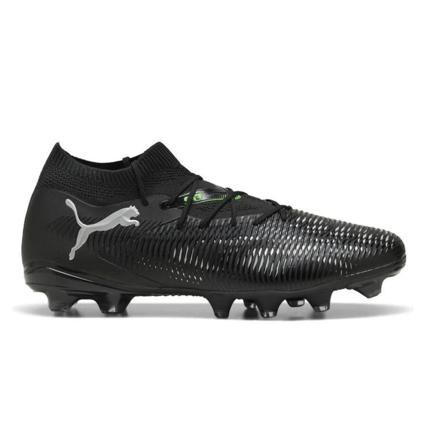 Black soccer Puma boot with Puma logo on a white background