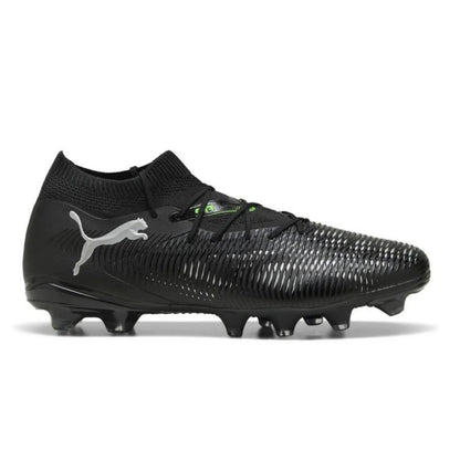Black soccer Puma boot with Puma logo on a white background