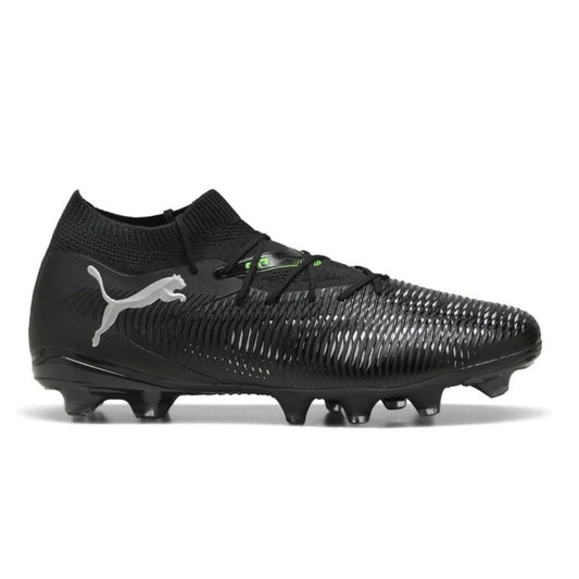 Black soccer Puma boot with Puma logo on a white background