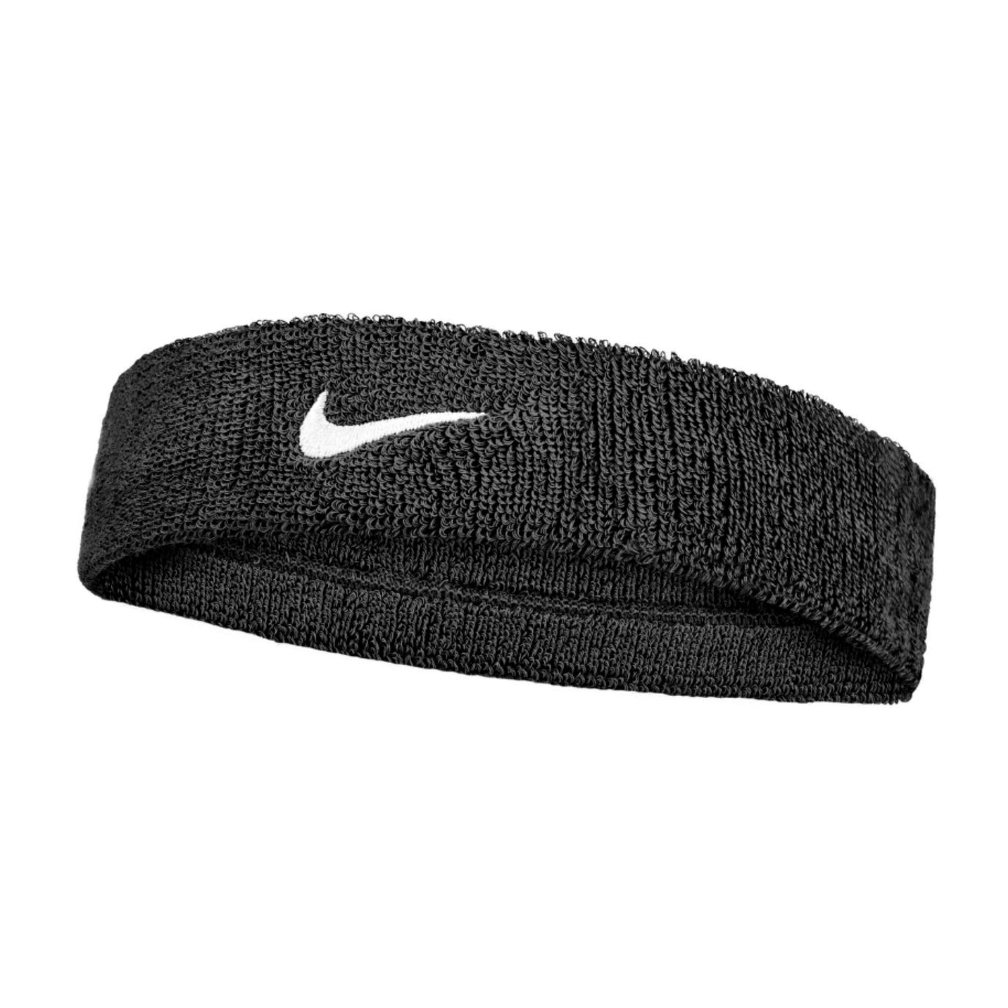 Black Nike headband with white logo on a white background