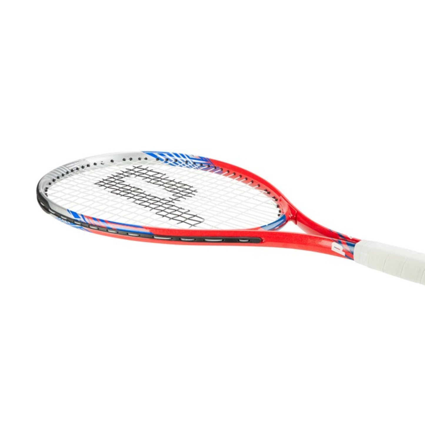 Red tennis racket with white handle on a white background
