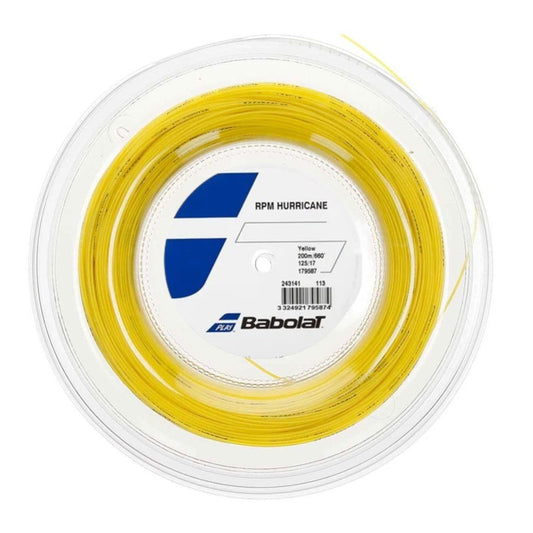 Reel of Babolat RPM Hurricane tennis string with yellow thread on a white background