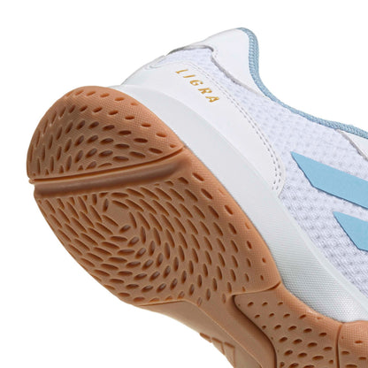 Close-up of a adidas Ligra shoe with a brown sole on a white background