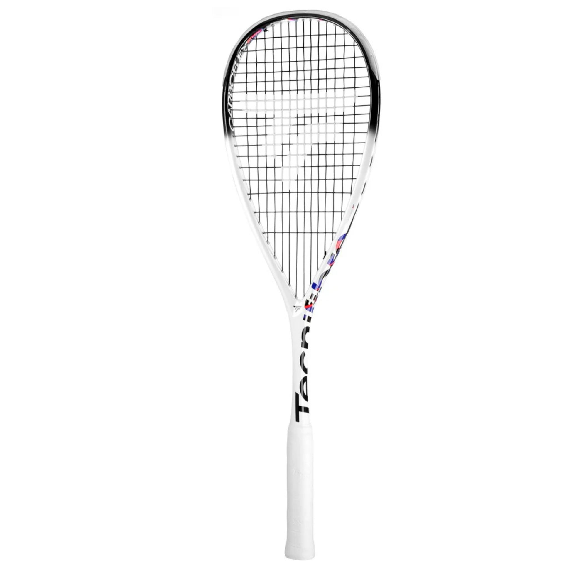 White Tecnifibre squash racket with black strings on a white background