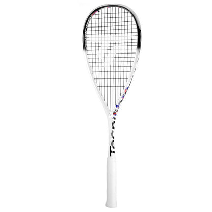 White Tecnifibre squash racket with black strings on a white background