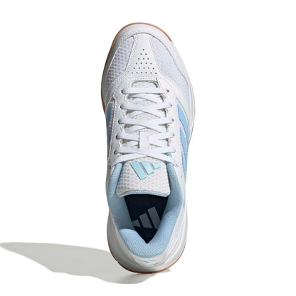 White and blue adidas shoe on a white background