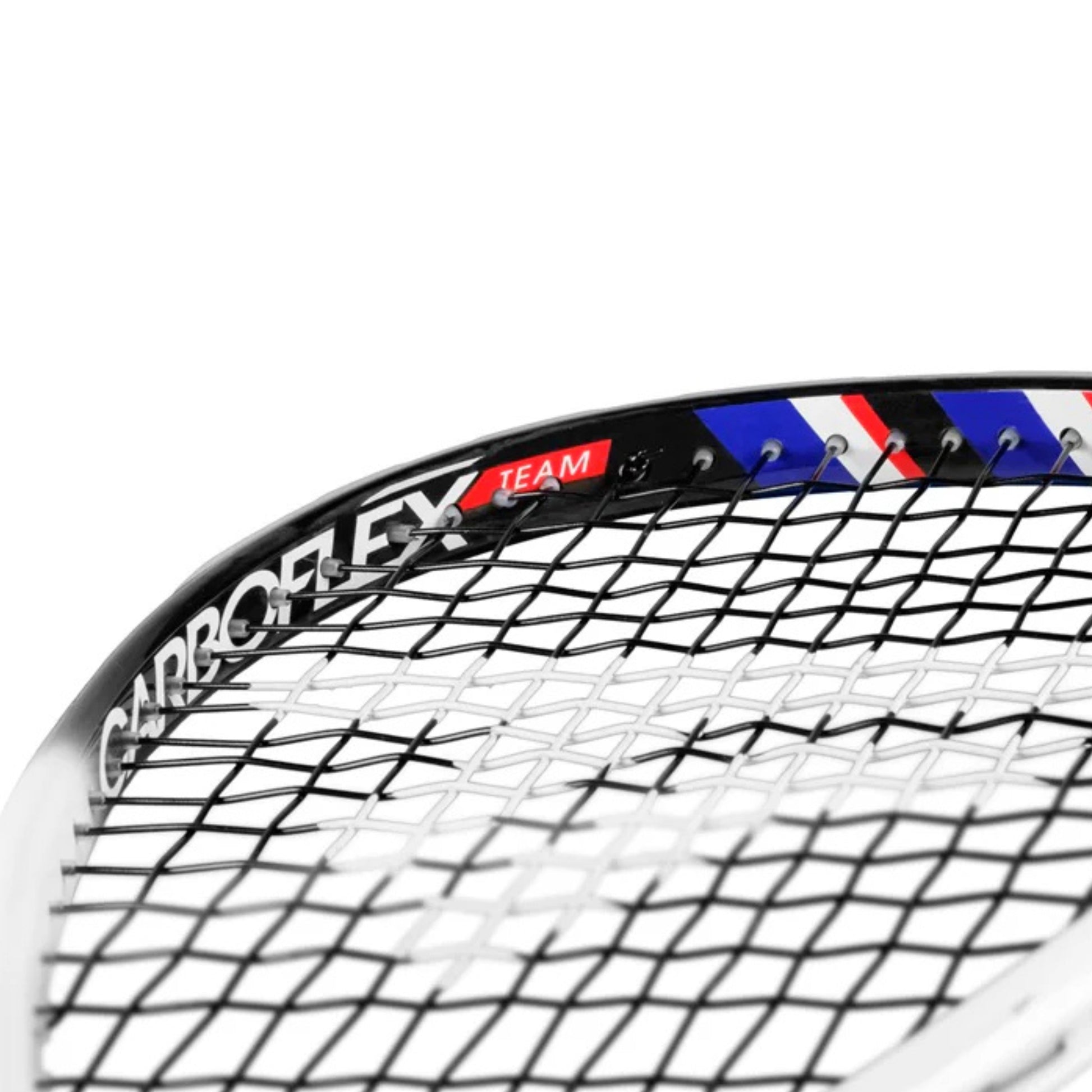 Close-up of a squash racket with 'Carboflex Team' branding on a white background