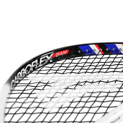 Close-up of a squash racket with 'Carboflex Team' branding on a white background