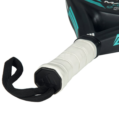 Close-up of a padel racket handle with a white grip and black frame on a white background