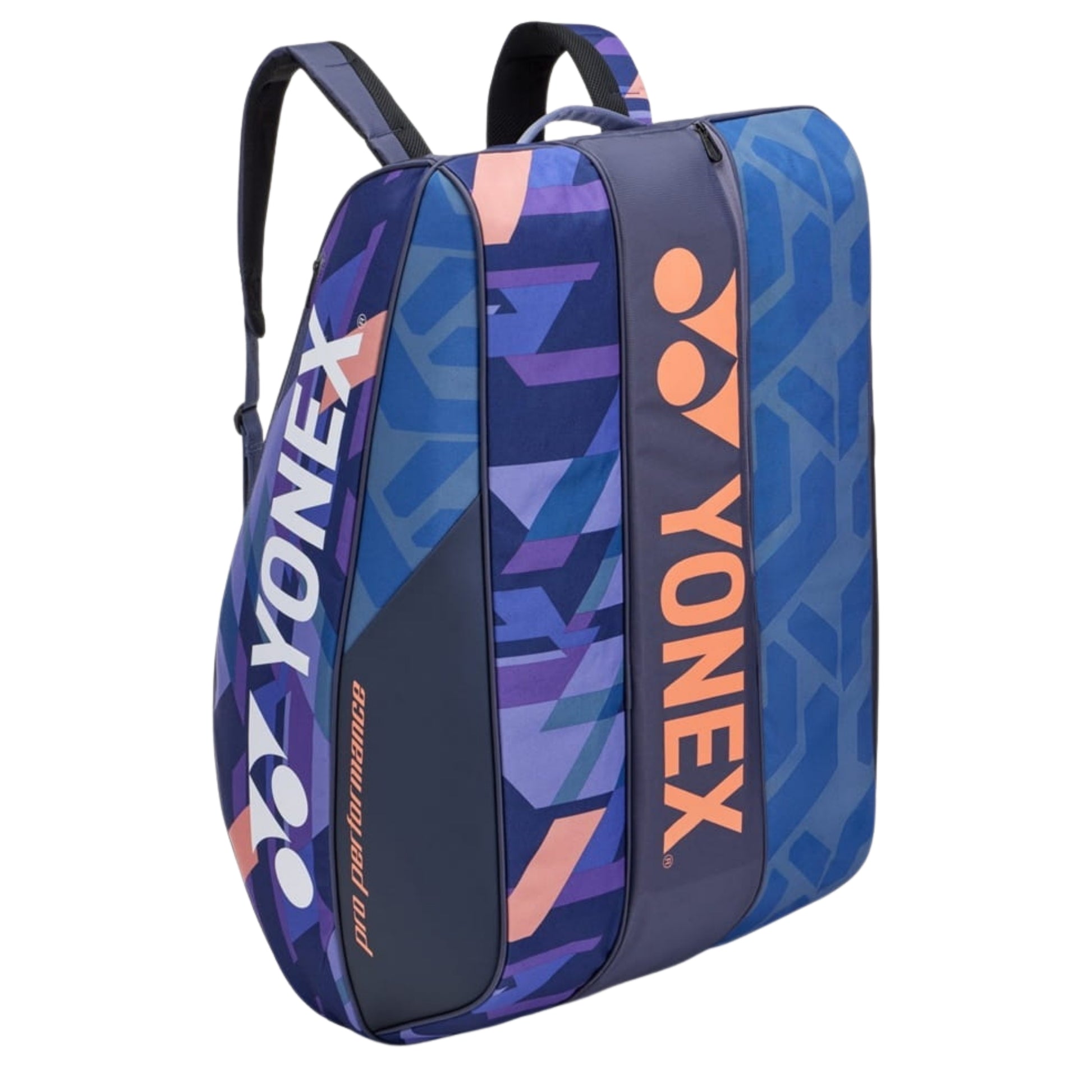 Blue and purple Yonex tennis bag with geometric pattern on a white background