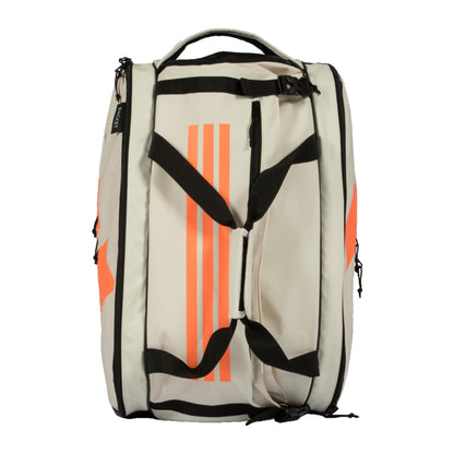 White adidas tennis bag with orange and black accents on a white background