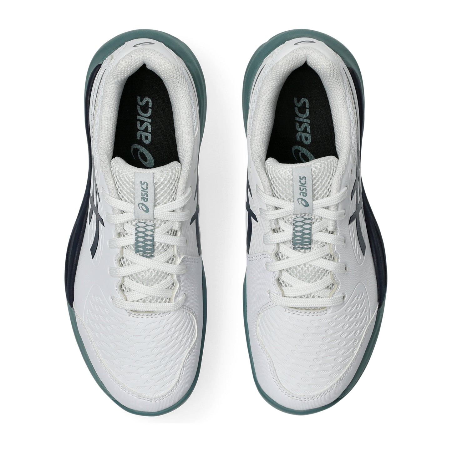 White, navy and green Asics tennis shoes on a white background