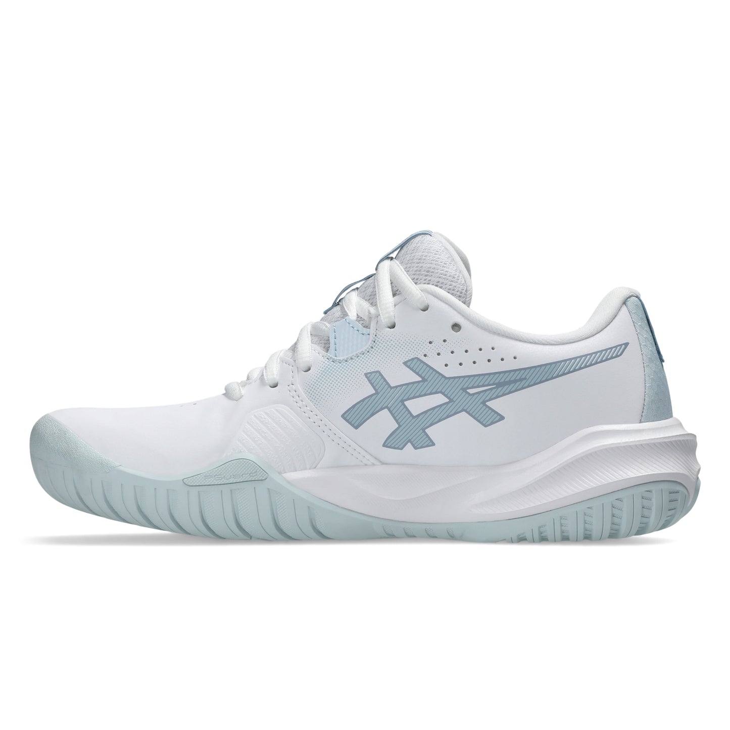White and light blue tennis shoe on a white background