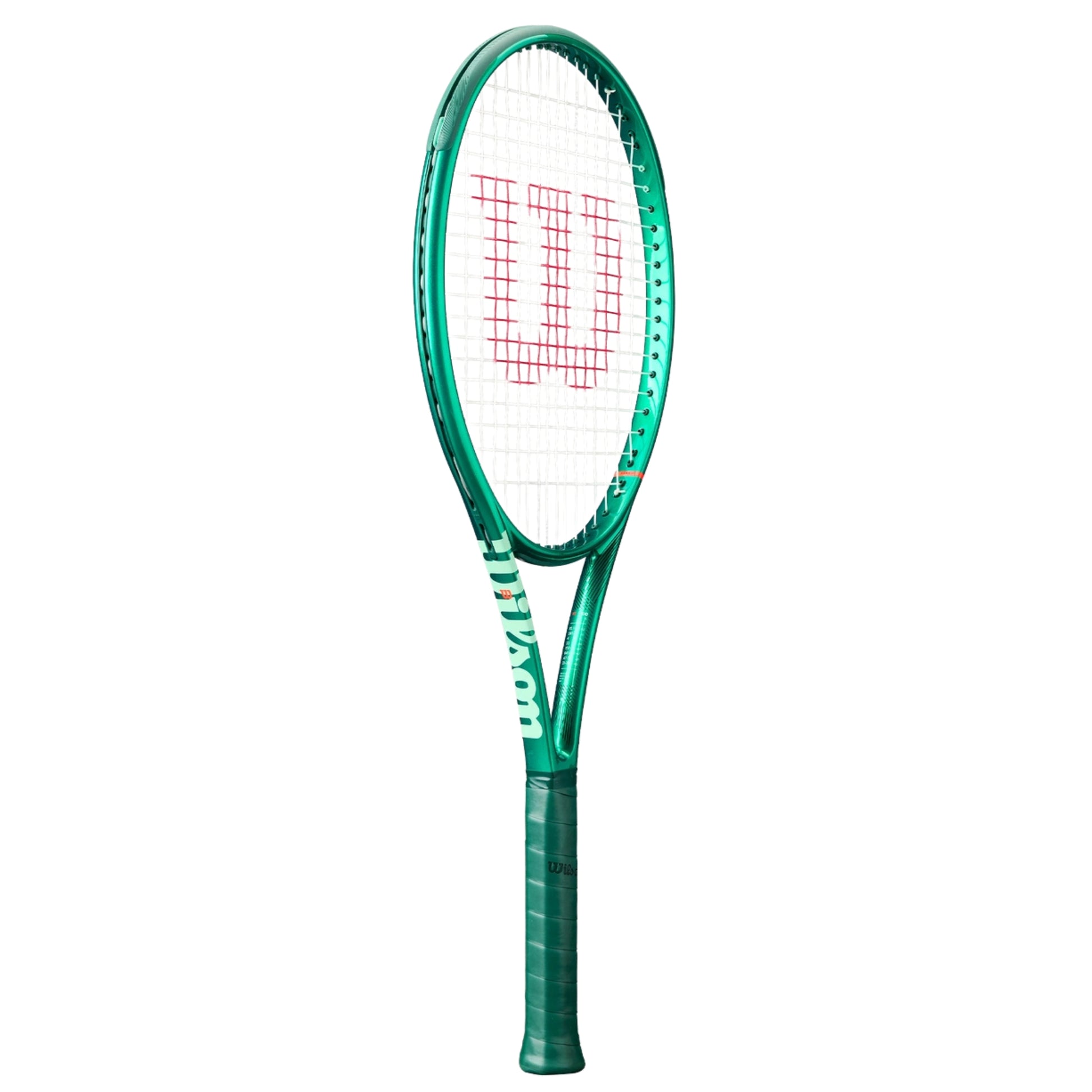 Green Wilson tennis racket with a white strings background on a white background