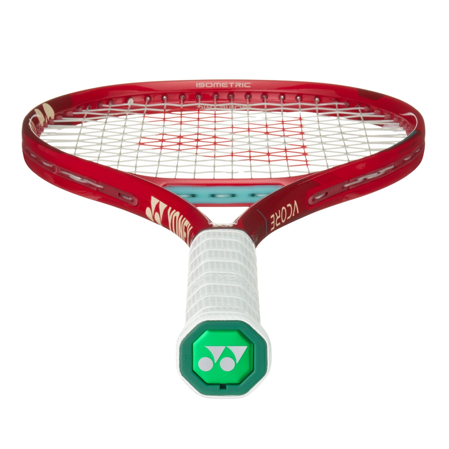Red tennis racket with a white handle on a white background