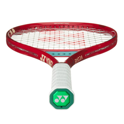 Red tennis racket with a white handle on a white background