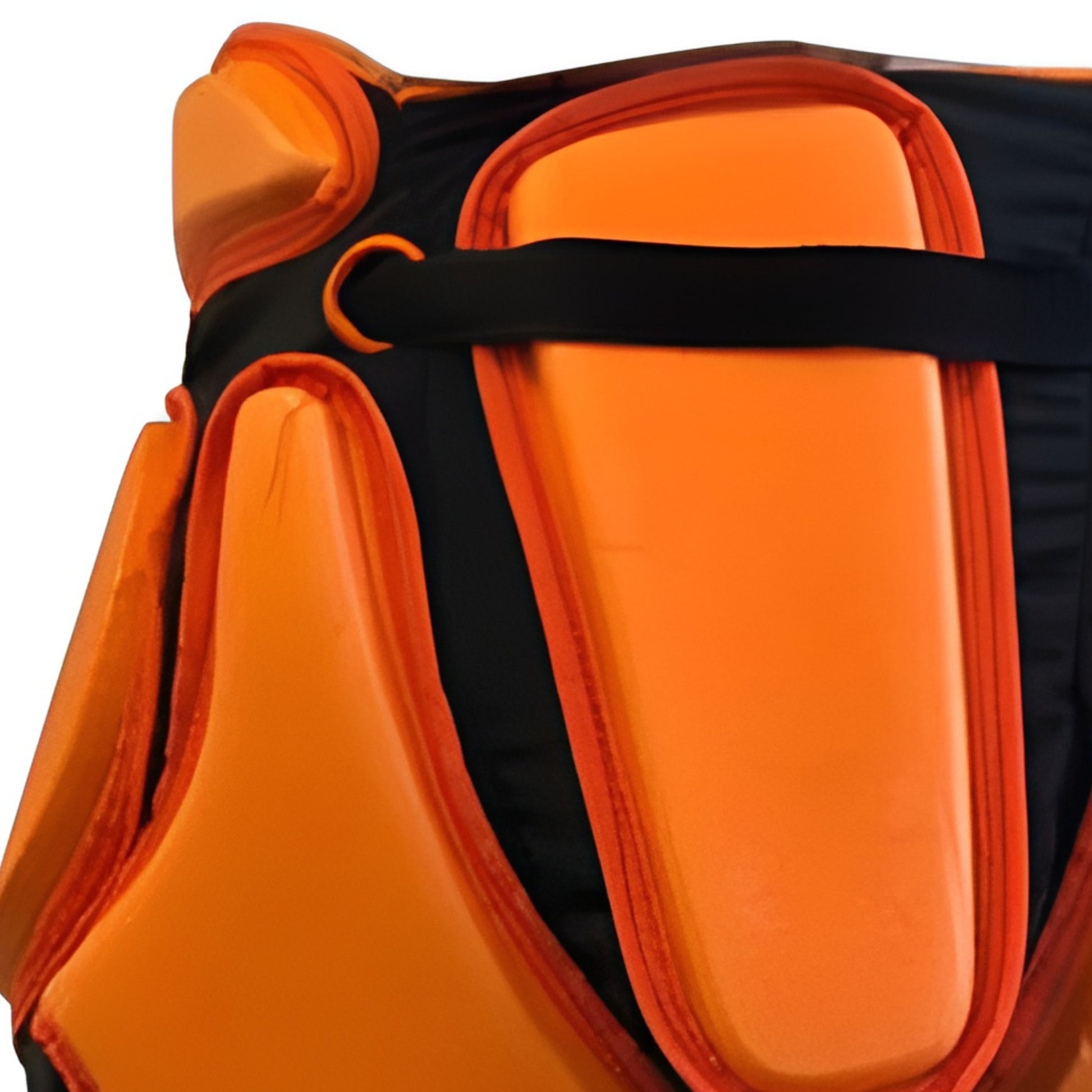 Close-up of protective gear an orange and black bag with a strap