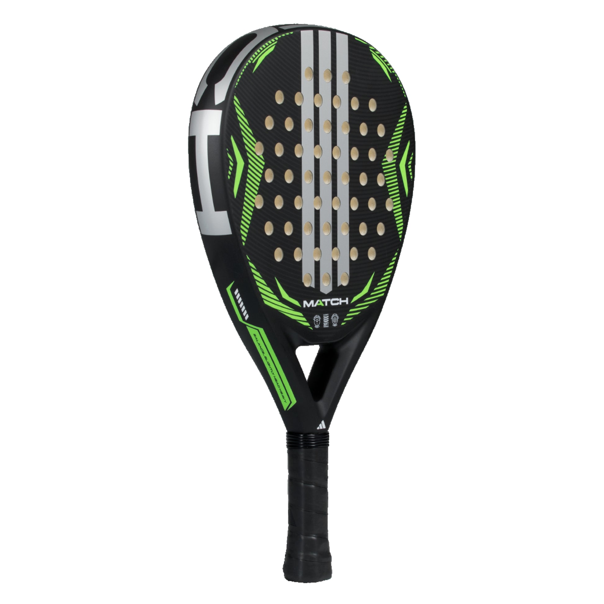 Padel racket with black and green design on a white background