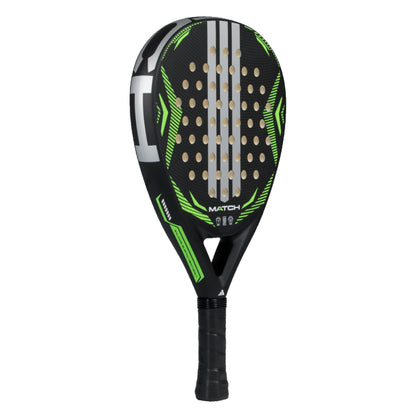 Padel racket with black and green design on a white background