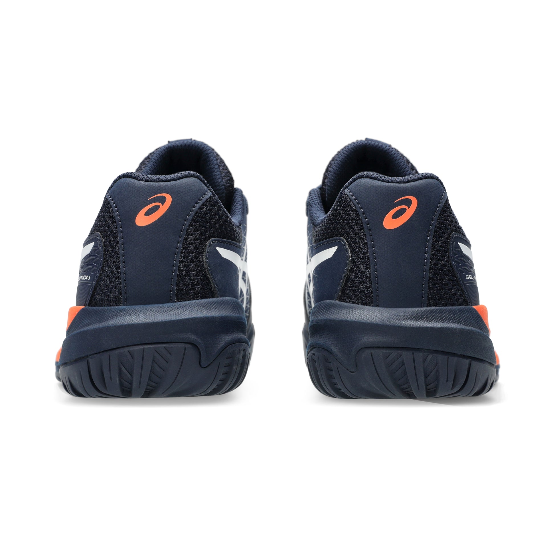 Navy blue Asics tennis shoes with orange accents on a white background
