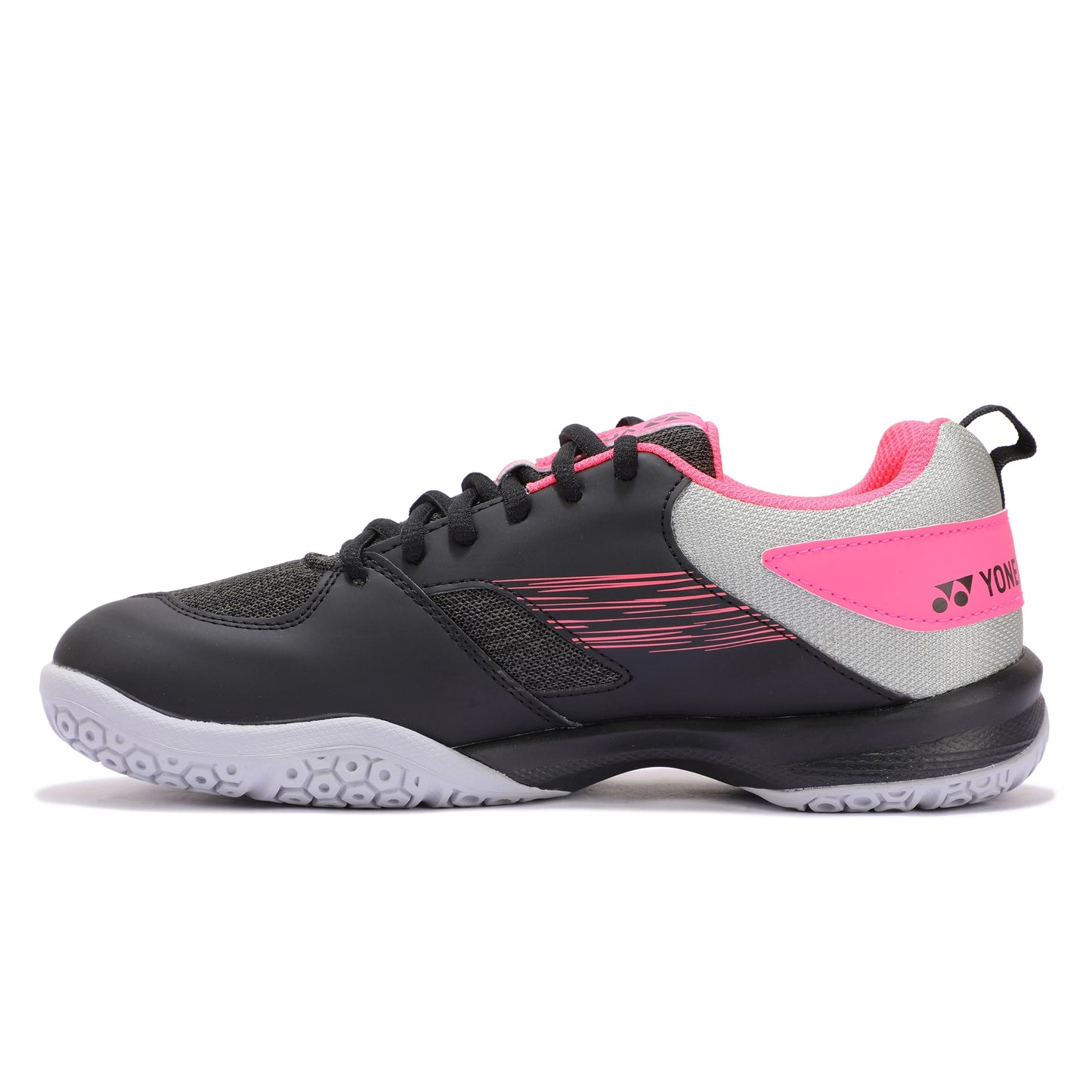 Black and pink Yonex squash shoe on a white background